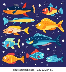 Multicolor collection of oceanic animals in stylization, underwater. Colorful set of marine animals, fish on blue background, isolated.