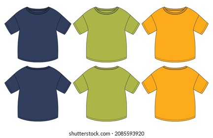 Multicolor colors Short sleeve basic t shirt vector template for ladies and baby girls. Technical fashion flat sketch, crew neckline illustration mock up front, back views isolated white background.