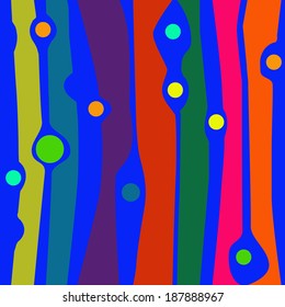 Multicolor composition of curved strips and circles between them. On a dark blue background.Seamless pattern.
