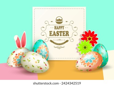 Multicolor composition with Easter eggs and square frame and bunny ears.