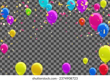 Multicolor Confetti Background Transparent Vector. Helium Ribbon Design. Colorful Love. Pink Ballon. Toy Event Border.