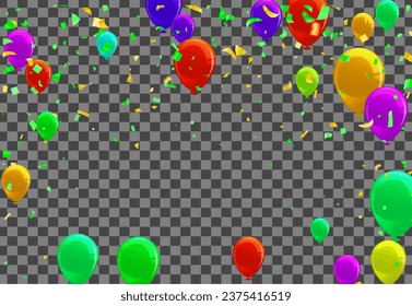 Multicolor Confetti Background Transparent Vector. Helium Ribbon Design. Colorful Love. Pink Ballon. Toy Event Border.