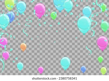 Multicolor Confetti Background Transparent Vector. Helium Ribbon Design. Colorful Love. Pink Ballon. Toy Event Border.
