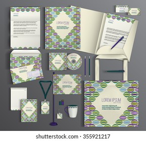 Multicolor corporate identity template design with  hand drawn pattern of rhombuses. Business set stationery.