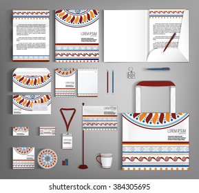 Multicolor corporate identity template design with  ethno pattern. Business set stationery.