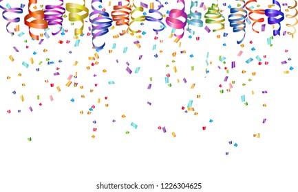 Multicolor Curling Stream and confetti on a white background. Decoration birthday, Christmas, New Year celebration, anniversary. Vector Illustration