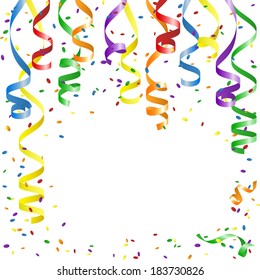 Multicolor Curling Stream and confetti  on white.  Party background with place for text. Vector Illustration