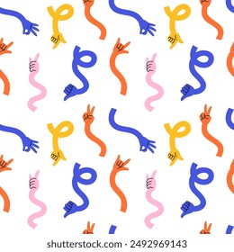 Multicolor curved hands seamless pattern. Long flexible arms. Weaving and twisting body parts. Elastic tangled limbs. Different gestures. Pointing forefinger. Garish