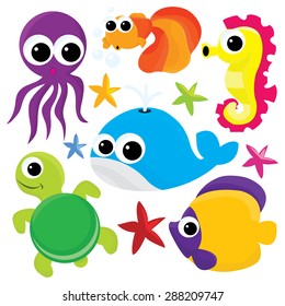 Multicolor cute cartoon sealife vector illustration.