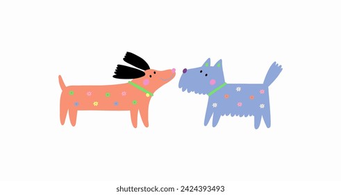 Multicolor cute dogs of different breeds, vector illustration in flat style. Spring pet on a walk with floral pattern