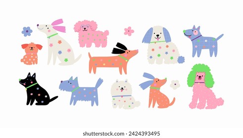 Perros lindos multicolores de diferentes razas, ilustración vectorial en estilo plano. Mascota de primavera en un paseo con patrón floral