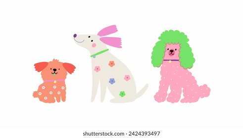 Perros lindos multicolores de diferentes razas, ilustración vectorial en estilo plano. Mascota de primavera en un paseo con patrón floral