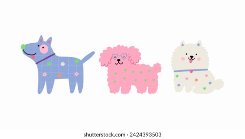 Multicolor cute dogs of different breeds, vector illustration in flat style. Spring pet on a walk with floral pattern