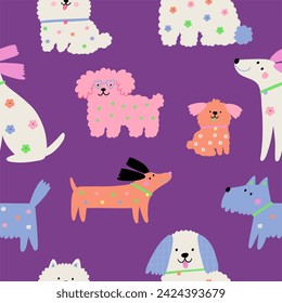 Multicolor cute dogs of different breeds, vector illustration in flat style. Spring pet on a walk with floral pattern. Seamless pattern with dog