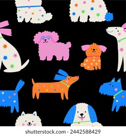 Multicolor cute dogs of different breeds, vector illustration in flat style. Spring pet on a walk with floral pattern. Seamless pattern with dog