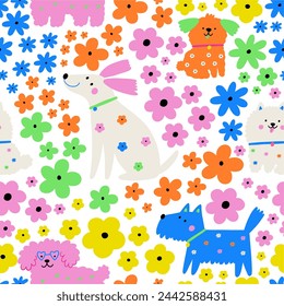 Multicolor cute dogs of different breeds, vector illustration in flat style. Spring pet on a walk with floral pattern. Seamless pattern with dog