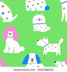 Multicolor cute dogs of different breeds, vector illustration in flat style. Spring pet on a walk with floral pattern. Seamless pattern with dog