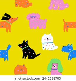 Multicolor cute dogs of different breeds, vector illustration in flat style. Spring pet on a walk with floral pattern. Seamless pattern with dog