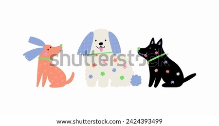 Multicolor cute dogs of different breeds, vector illustration in flat style. Spring pet on a walk with floral pattern