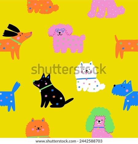 Multicolor cute dogs of different breeds, vector illustration in flat style. Spring pet on a walk with floral pattern. Seamless pattern with dog