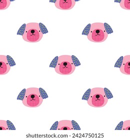 Multicolor cute dogs, vector illustration in flat style. Spring pet, dog face, seamless pattern