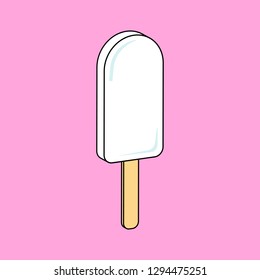 Multicolor cute illustration of ice cream on pink background; colorful flat vector vanilla ice cream icon on a stick isolated; stylish cartoon image