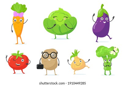 Multicolor cute vegetable mascots flat icon set for web design. Cartoon funny characters of carrot, onion, cabbage and tomato isolated vector illustration collection. Healthy food and garden concept