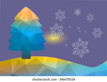 Multicolor cyan, yellow low poly style christmas tree vector illustration. Abstract triangular polygonal origami or crystal design of New Years celebration. 