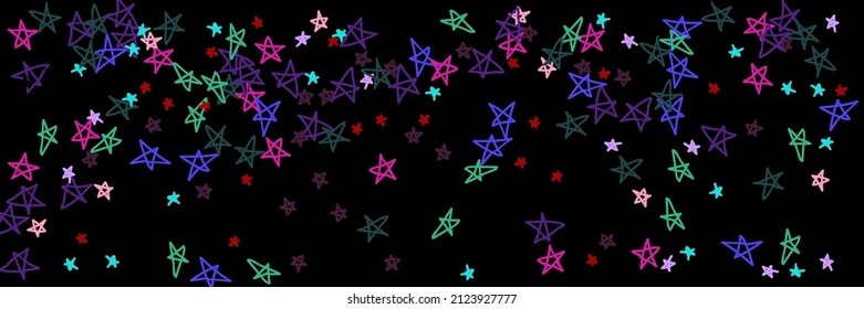 Multicolor Dark Vivid Black Green Red Purple Handdrawn Stars. Pink Pastel Vibrant Childish Colorful Kids Night Illustration. Mint Violet Naive Bordo Lavender Bright Chaotic Stars Sky Background.
