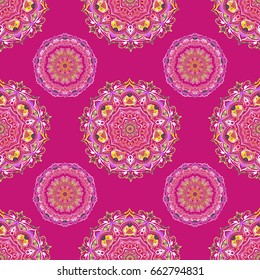 Multicolor decorations. Luxury multicolored seamless pattern with stars. Star pattern on a magenta backdrop, multicolored vintage ornament. Vector seamless background.