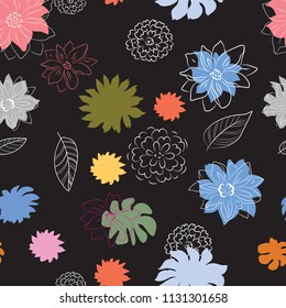 multicolor  decorative flowers on a black background, seamless pattern