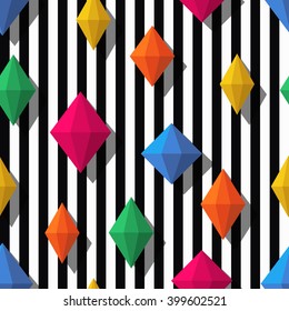 Multicolor diamonds, gems on black white stripes, seamless pattern. 3d vector shapes. Abstract universal background. Design for fashion textile print, wrapping paper, web background, package.