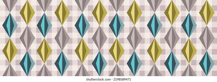 Triángulo de diamantes multicolores, piedras preciosas en controles marrones claros, patrón sin fisuras. 3 d formas vectoriales. Resumen de fondo universal. Diseño para impresión textil de moda, papel envolvente, fondo web.