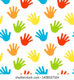 Multicolor different hand prints, abstract seamless pattern. Vector illustration on white background