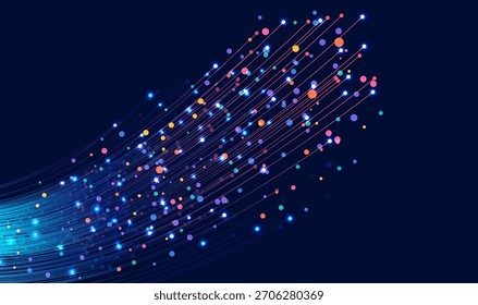 Rayas de luz digital multicolor con partículas brillantes que fluyen a través de un fondo oscuro, ideal para temas de tecnología, movimiento de datos, conceptos cibernéticos y Diseño gráfico futurista.