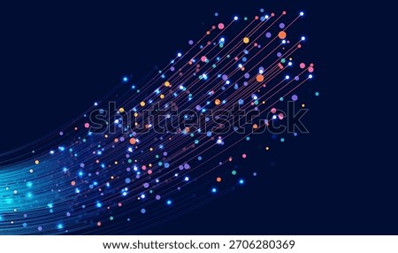 Multicolor digital light streaks with glowing particles flowing across a dark background, ideal for technology themes, data motion, cyber concepts, and futuristic graphic design.