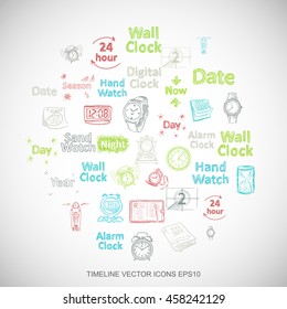 Multicolor doodles flat Hand Drawing Time Icons set In A Circle on White background. EPS10 vector illustration.