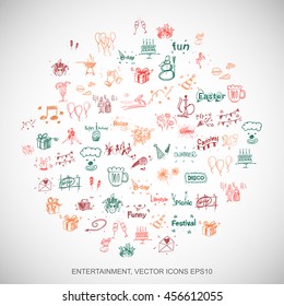 Multicolor doodles flat Hand Drawn Holiday Icons set In A Circle on White background. EPS10 vector illustration.
