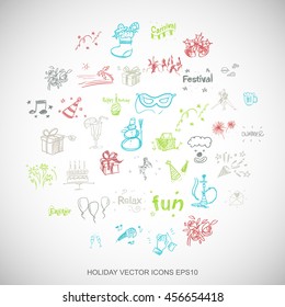 Multicolor doodles flat Hand Drawn Holiday Icons set In A Circle on White background. EPS10 vector illustration.