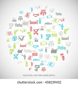 Multicolor doodles flat Hand Drawn Politics Icons set In A Circle on White background. EPS10 vector illustration.