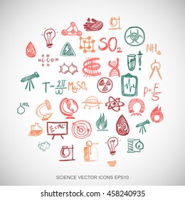 Multicolor doodles flat Hand Drawn Science Icons set In A Circle on White background. EPS10 vector illustration.