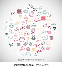 Multicolor doodles flat Hand Drawn Education Icons set In A Circle on White background. EPS10 vector illustration.