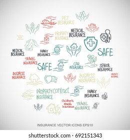 Multicolor doodles flat Hand Drawn Insurance Icons set In A Circle on White background. EPS10 vector illustration.