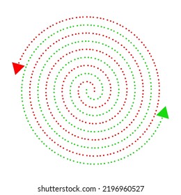Multicolor dotted circular spiral arrows on a white background. Vector illustration of green and red dots swirl with arrowheads.