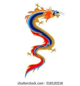 The multicolor dragon in the Asian style. Top view. On the back of a dragon located crest, that looks like a flame. The belly of a dragon is golden.
