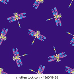 Multicolor dragonfly seamless background pattern. Beauty insect. Hand drawn vector stock illustration