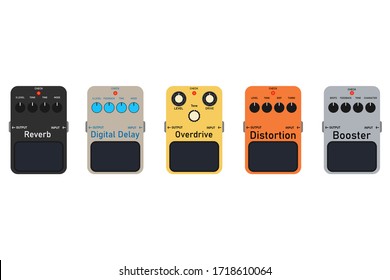 multicolor electric guitar stomp box effect set, graphic icon design. t-shirt artwork.	
