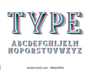 Multicolor elegant serif font with 3d effect shadow.Vector modern design typescript. 