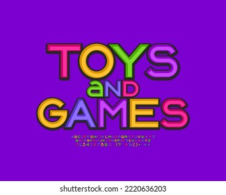 Multicolor emblem Toys and Games and bright font with alphabet and numbers for icon, logo, emblem design