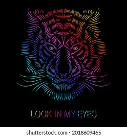 Multicolor embroidered tiger head on black background. Fashion print textile decoration design. Slogan - Look in my eyes. Black Water Tiger as a Symbol of 2022 New Year